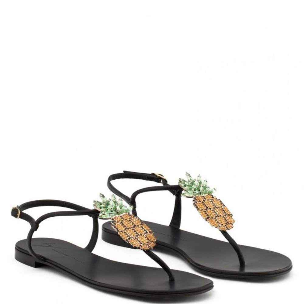 Giuseppe Zanotti Black Leather Embellished Pineapple Flat Thong Sandals Eu 38